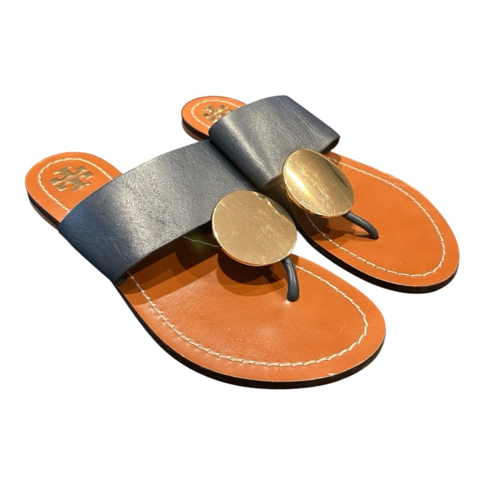 Tory Burch Patos Gold Disk Navy Leather Flat Slide Sandals Size 6.5M SH13 - Picture 2 of 6